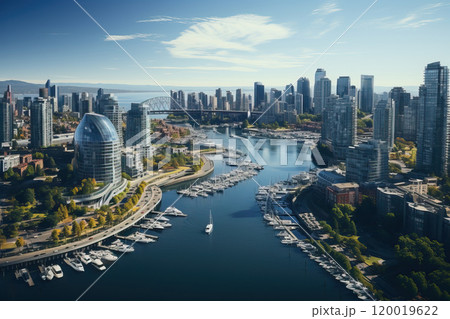 A bird's-eye view of modern urban waterfronts and small moorings for yachts and boats. 120019622