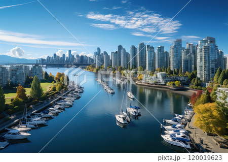 Embankment of a large metropolis with moorings for yachts and boats. 120019623