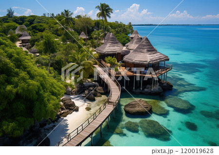 paradise scenery. Tropical aerial landscape, seascape with long jetty, water villas with amazing sea and lagoon beach, tropical nature. 120019628