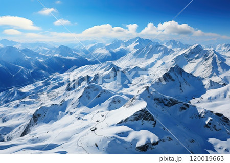 Snow-covered high mountains with a clear blue sky. 120019663
