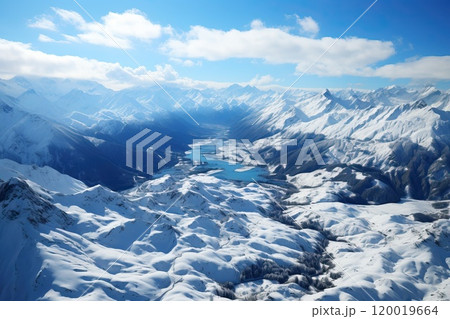 Snow-covered high mountains with a clear blue sky. 120019664