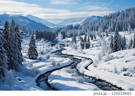 Winding windy road in a snowy forest with a river flowing nearby. 120019665