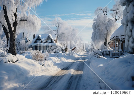 The street and houses are covered in blue snow. 120019667