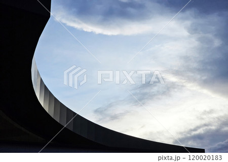 Minimal Building with White Cloud and Blue Sky Background. 120020183