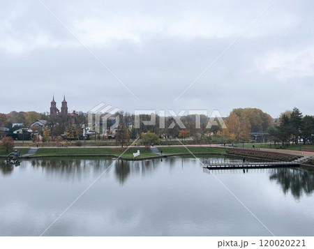 Aerial view of Panevezys city centre, downtown park, one of the largest cities in Lithuania 120020221