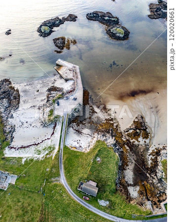 Aerial view of the Pier in Rossbeg in County Donegal during autumn - Ireland Aerial view of the Pier in Rossbeg in County Donegal during autumn - Ireland 120020661