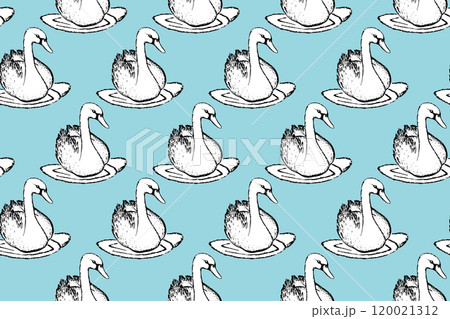 Seamless pattern with funny swan birds. Flat vector illustration with cartoon bird silhouette. Cute characters. Design for invitation, poster, card, textile, fabric Seamless pattern with funny swan birds. Flat vector illustration with cartoon bird silhouette. Cute characters. Design for invitation, poster, card, textile, fabric 120021312