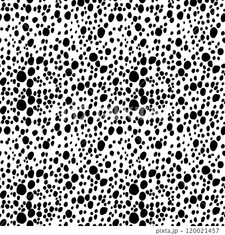 Abstract modern dalmatian fur seamless pattern. Animals trendy background. Black and white decorative vector illustration for print, card, postcard, fabric, textile. Modern ornament of stylized skin Abstract modern dalmatian fur seamless pattern. Animals trendy background. Black and white decorative vector illustration for print, card, postcard, fabric, textile. Modern ornament of stylized skin 120021457