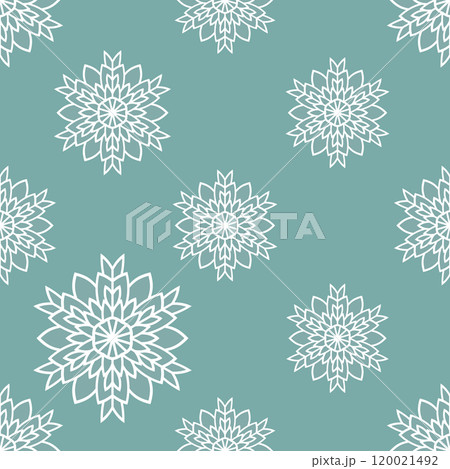 Winter seamless pattern with white snowflakes on blue background. Vector illustration for fabric, textile wallpaper, posters, gift wrapping paper. Christmas vector illustration. Falling snow Winter seamless pattern with white snowflakes on blue background. Vector illustration for fabric, textile wallpaper, posters, gift wrapping paper. Christmas vector illustration. Falling snow 120021492