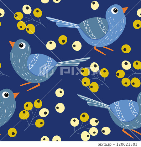 Seamless pattern with funny colorful birds, flowers, leaves and berries. Color flat vector illustration with little cartoon bird. Cute characters. Design for invitation, poster, card, textile, fabric 120021503