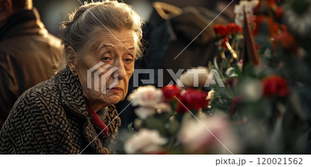 Solemn tribute: elderly woman holding flowers at funeral ceremony 120021562