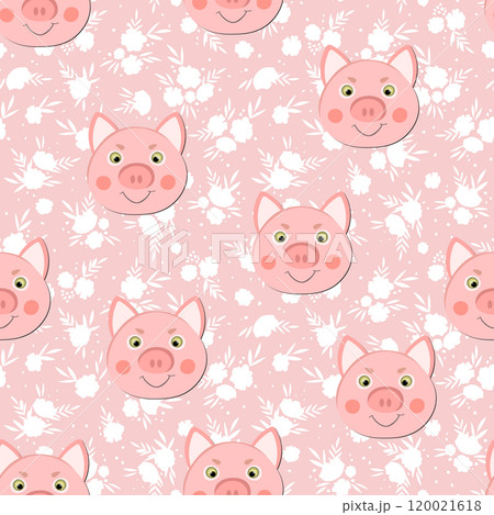 Vector flat animals colorful illustration for kids. Seamless pattern with cute pig face on color background. Adorable cartoon character. Design for textures, card, poster, fabric, textile 120021618