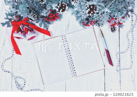 Christmas wooden background with snow branch. Top view with copy space for your text Christmas wooden background with snow branch. Top view with copy space for your text 120021625