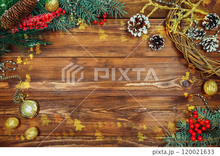Christmas wooden background with snow branch. Top view with copy space for your text 120021633