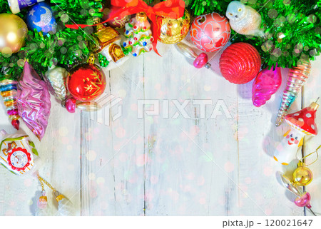 Christmas background with gifts, place for text Winter holiday pattern. Top view, flat lay. 120021647