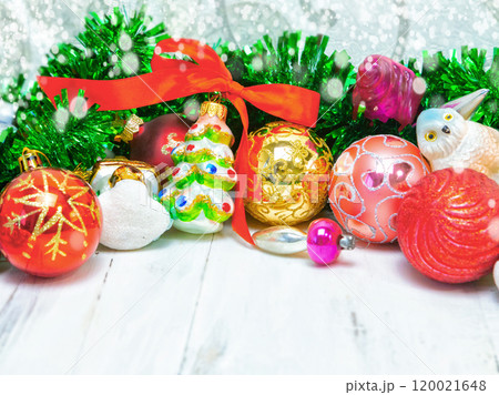 Christmas and New Year background. handmade Christmas glass toys in the snow, Christmas card. place for text. 120021648