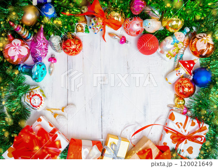 Christmas background with gifts, place for text Winter holiday pattern. Top view, flat lay. 120021649