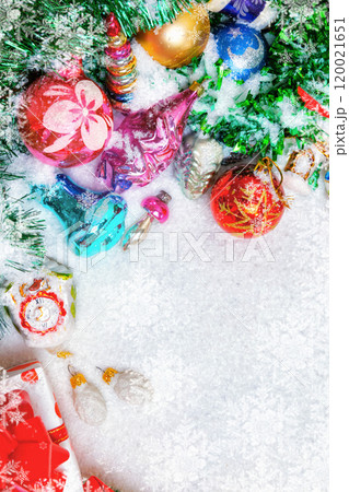 Christmas and New Year background. handmade Christmas glass toys in the snow, Christmas card. place for text. 120021651