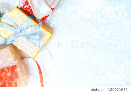 Christmas background with gifts, place for text Winter holiday pattern. Top view, flat lay. 120021653