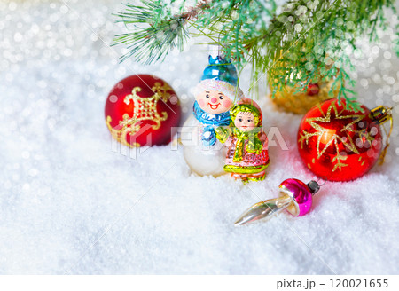 Christmas and New Year background. handmade Christmas glass toys in the snow, Christmas card. place for text. 120021655