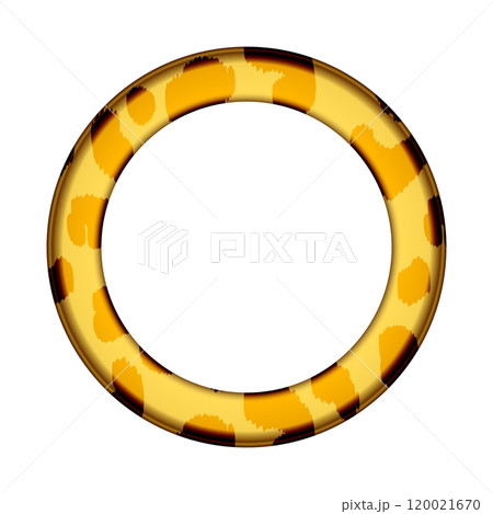 Decorative round border with animal print. Trendy leather skin. Golden frame with modern ornament of stylized leopard skin. Pattern in form of mandala. Copy space. Vector illustration 120021670