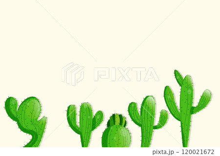 Tall succulent cactuses with thorns on color background. Vector drawing set illustration for icon, game, packaging, banner. Wild west, western, cowboy concept. Copy spase 120021672