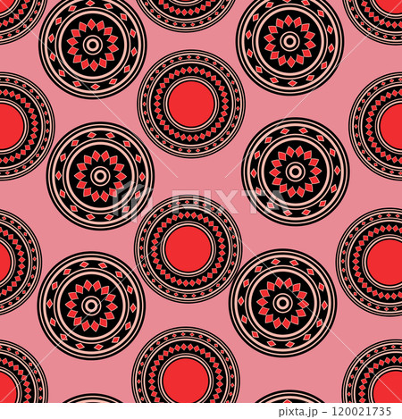 Seamless pattern with geometric aboriginal ornament. Ethnic tribal rounded color background. Afican, australian motiph. Dots painting. Vector illustration, template design for cloth, card, fabric 120021735
