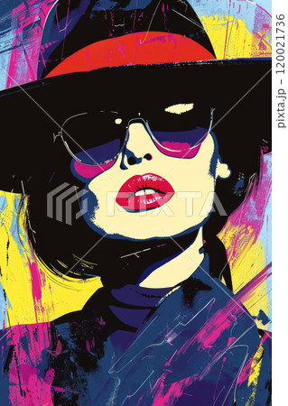 Contemporary art collage of young woman wearing sun glasses and hat, Illustration fashion poster, Pop art style, Generative AI 120021736