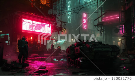 Vibrant Neon-Lit Urban Landscape in a Futuristic City at Night With Scattered Debris and Neon Signs Vibrant Neon-Lit Urban Landscape in a Futuristic City at Night With Scattered Debris and Neon Signs 120021776