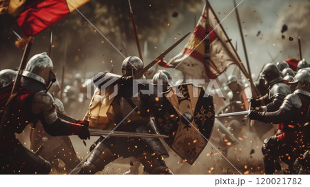 Medieval Knights Engage in a Fierce Battle With Shields and Swords During a Historical Reenactment 120021782