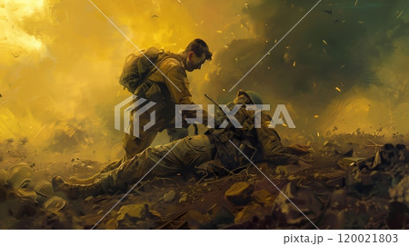 Soldier Rescues Fallen Comrade Amid Battle Chaos in a War-Torn Landscape During Daytime Soldier Rescues Fallen Comrade Amid Battle Chaos in a War-Torn Landscape During Daytime 120021803