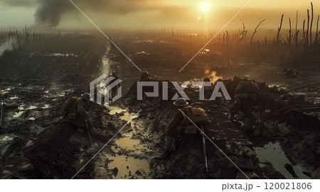 Soldiers Navigating a Muddy Battlefield at Sunset During World War I in Europe 120021806