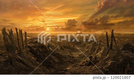 Trench Warfare Landscape at Dusk Showcasing Soldiers Amidst Rubble and a Vibrant Sunset 120021807