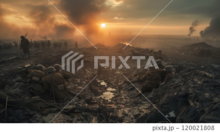 Soldiers in a Trench During a Dramatic Sunset on a War-Torn Battlefield at Dawn 120021808