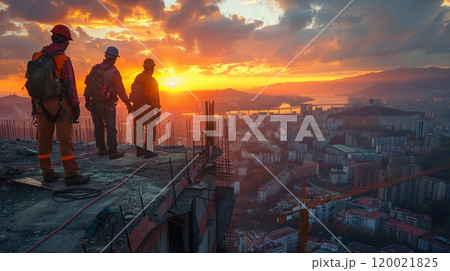 Workers Observing a Stunning Sunset From a Construction Site in an Urban Environment 120021825