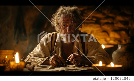 A Bearded Man Crafts Tools by Candlelight in a Rustic Workshop During Dusk 120021843
