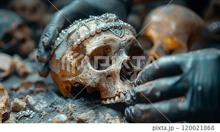 Explorers Examine Ancient Skull Adorned With Jewelry in Archaeological Site During Fieldwork 120021868