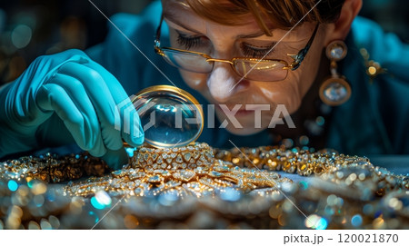 Jewelry Expert Meticulously Examines Intricate Golden Necklace With Magnifying Glass Jewelry Expert Meticulously Examines Intricate Golden Necklace With Magnifying Glass 120021870