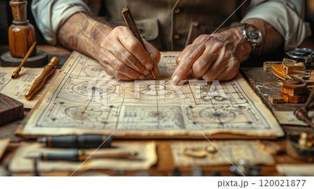 An Artisan Meticulously Sketches Technical Designs on Aged Paper at a Rustic Workspace 120021877