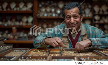 Craftsperson Meticulously Arranging Fine Jewelry in a Vibrant Market Setting During the Day 120021878