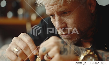 A Focused Artisan Meticulously Crafting a Piece of Jewelry in a Cozy Workshop Setting 120021880
