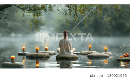A Serene Woman Meditates on Stones Surrounded by Candles in a Tranquil Lake at Dawn 120021926
