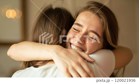 Two Friends Share a Joyful Hug Indoors During a Cozy Gathering on a Weekend Afternoon 120021936