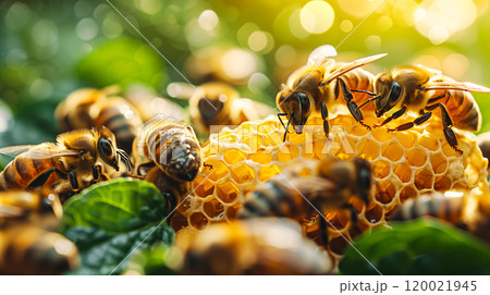 Bees Collecting Nectar and Building Honeycomb in a Sunlit Garden During Summer 120021945