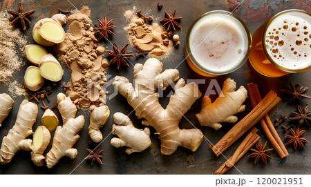 Ginger Root, Spices, and Craft Beer Arranged on a Rustic Surface for a Culinary Exploration 120021951