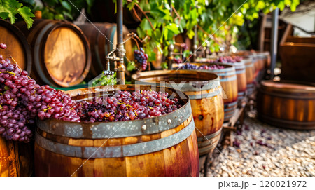 Harvesting Grapes in Vintage Wooden Barrels at a Vineyard During the Golden Hour Sunshine Harvesting Grapes in Vintage Wooden Barrels at a Vineyard During the Golden Hour Sunshine 120021972