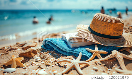 A Relaxing Beach Setting With a Straw Hat, Book, and Seashells During a Sunny Afternoon 120021979