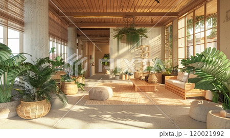 Bright Modern Interior Featuring Greenery, Warm Wood, and Cozy Seating in a Spacious Space Bright Modern Interior Featuring Greenery, Warm Wood, and Cozy Seating in a Spacious Space 120021992