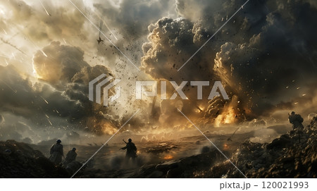 Dramatic Battlefield Scene Depicting Chaos and Destruction During a Fierce Combat Operation 120021993