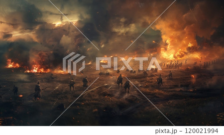 Dramatic Battlefield During a Fierce Clash With Smoke and Flames in the Background at Dusk 120021994